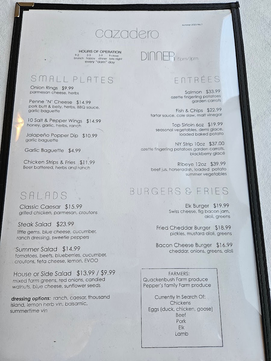The Cazadero Steakhouse menu board