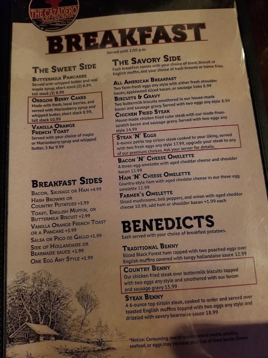 The Cazadero Steakhouse menu board