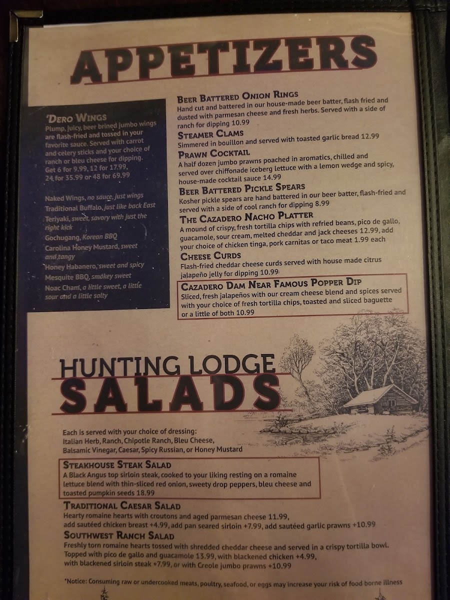 The Cazadero Steakhouse menu board