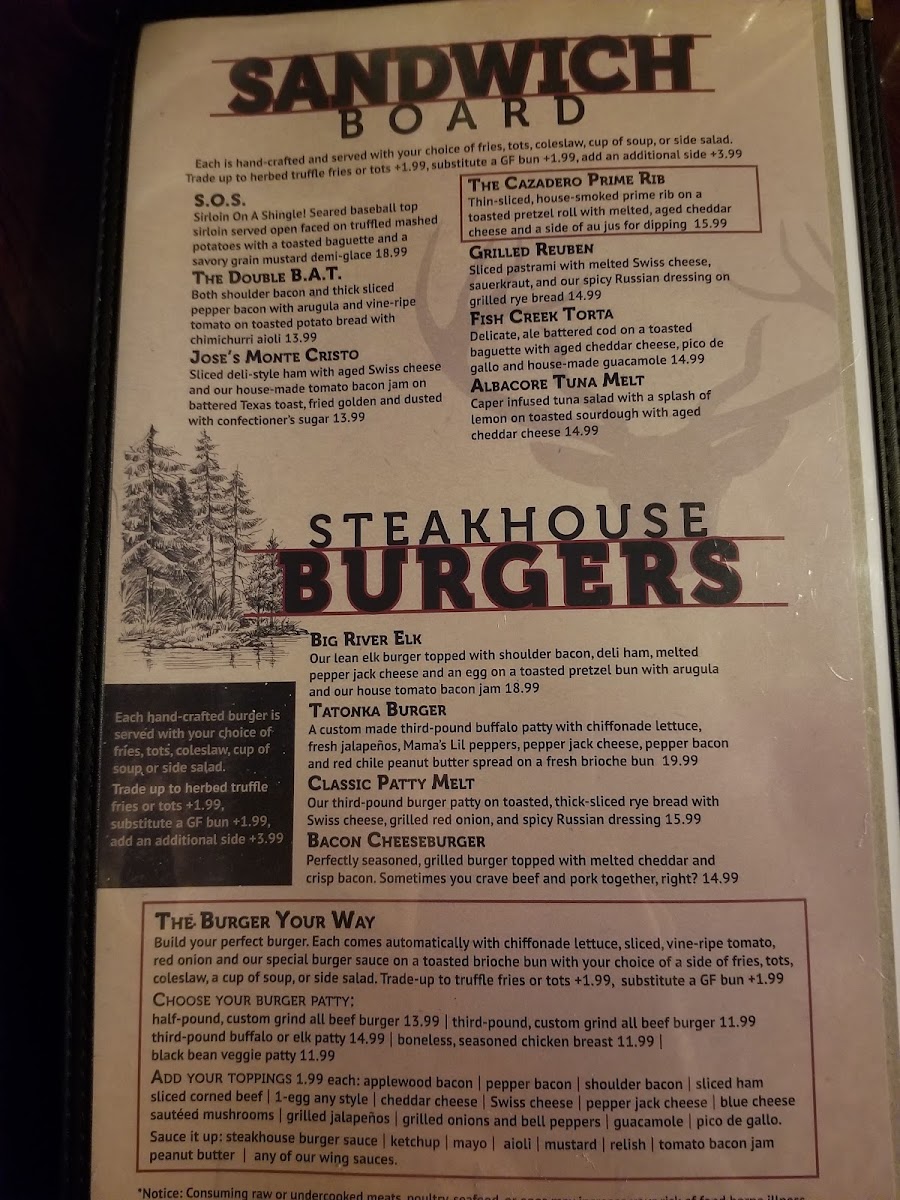 The Cazadero Steakhouse menu board