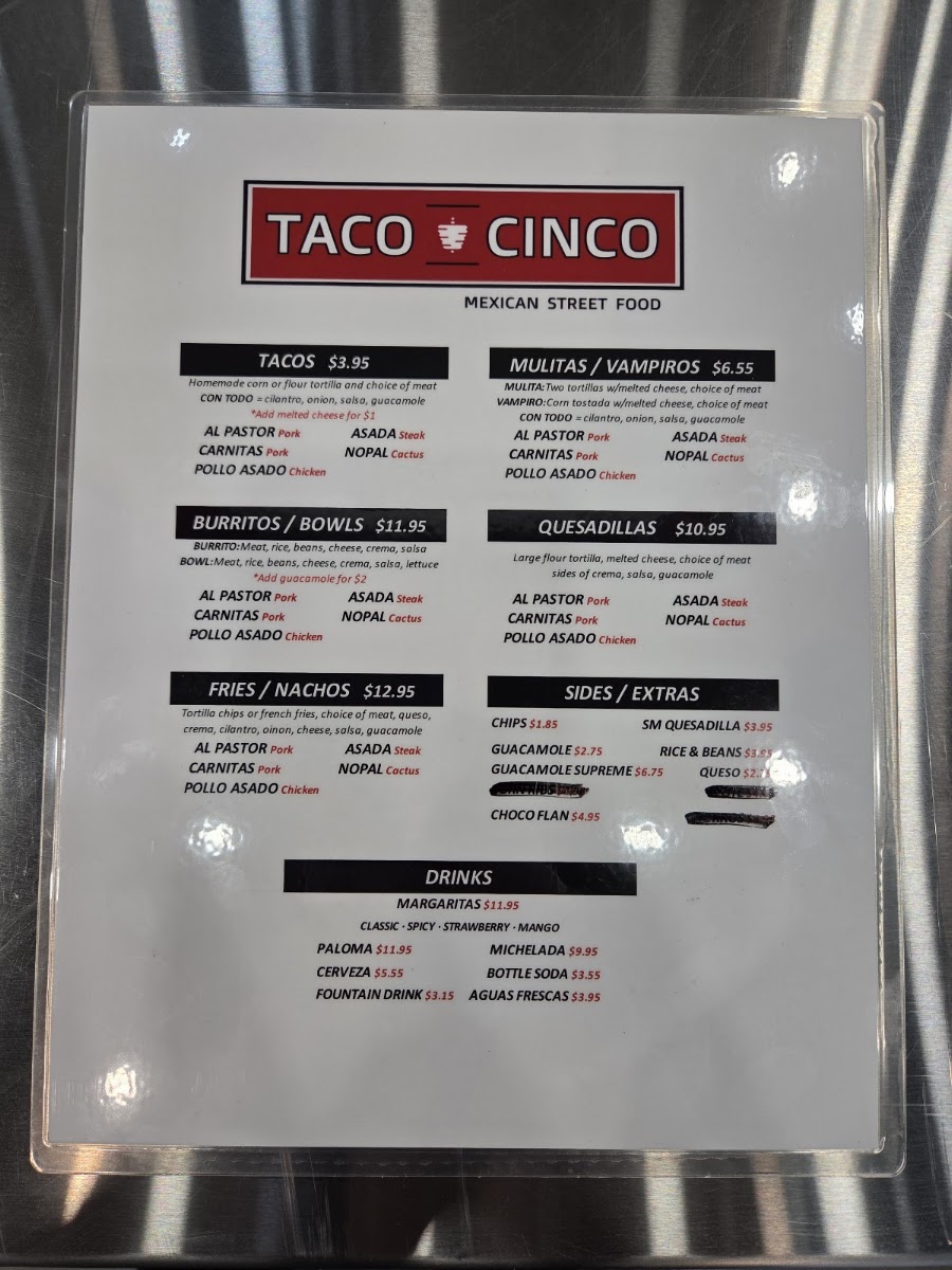 Taco Cinco menu board