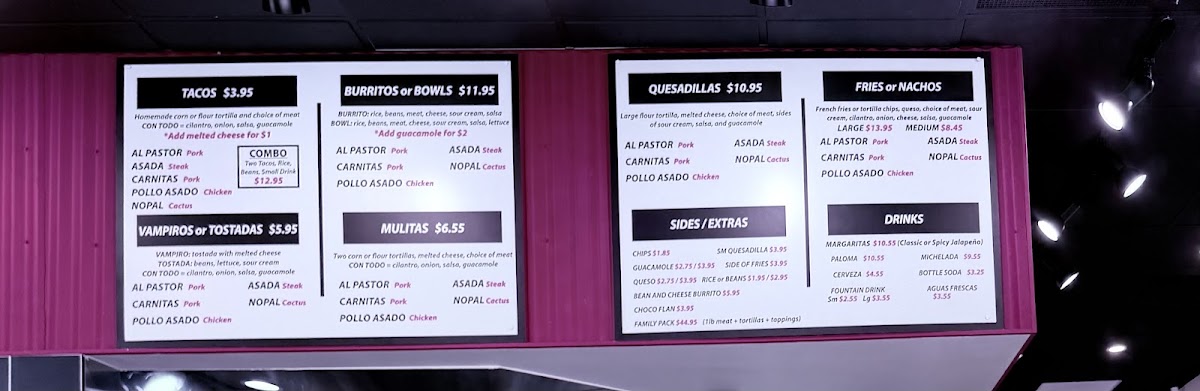 Taco Cinco menu board
