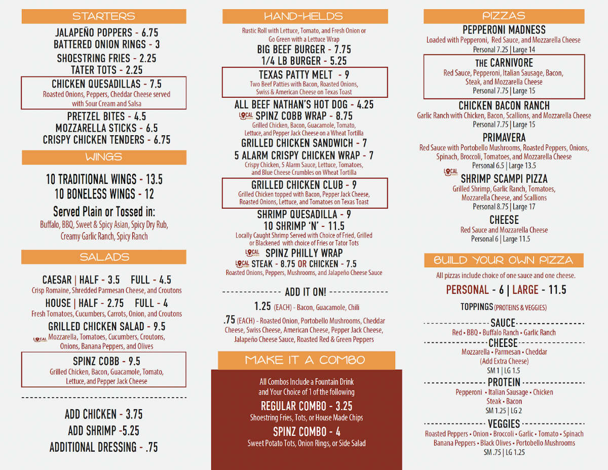 Spinz Handmade Food menu board