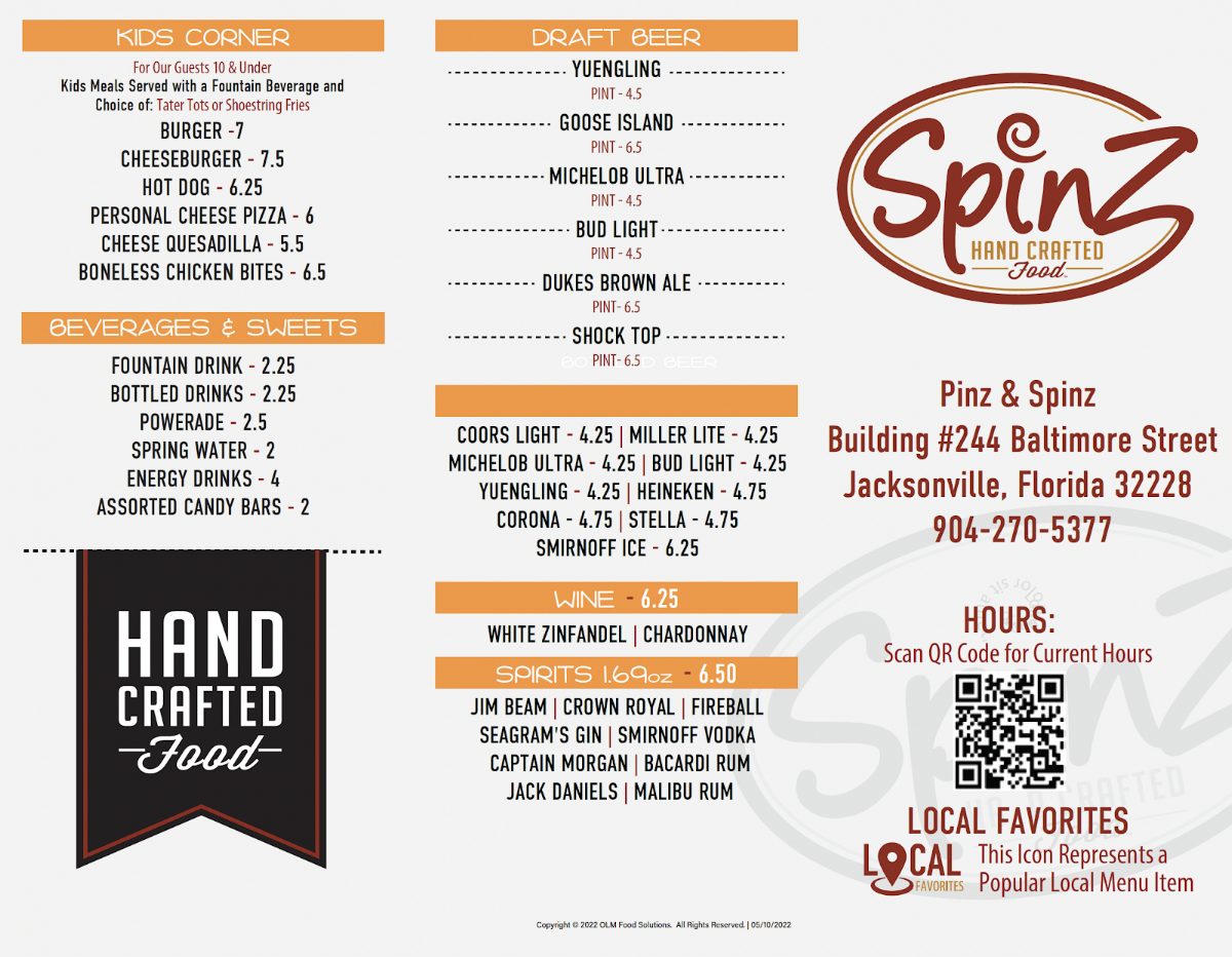 Spinz Handmade Food menu board