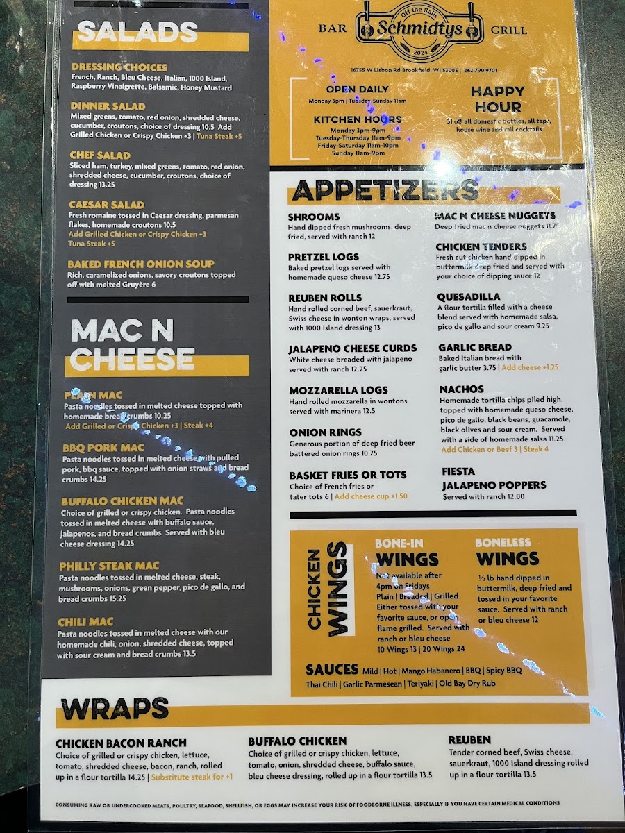 Schmidty's Bar and Grill menu board
