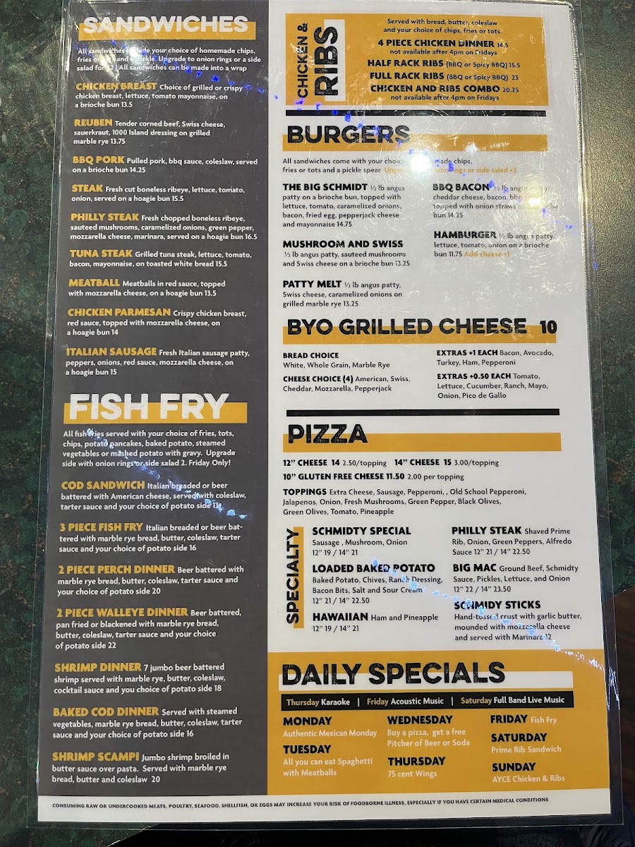 Schmidty's Bar and Grill menu board