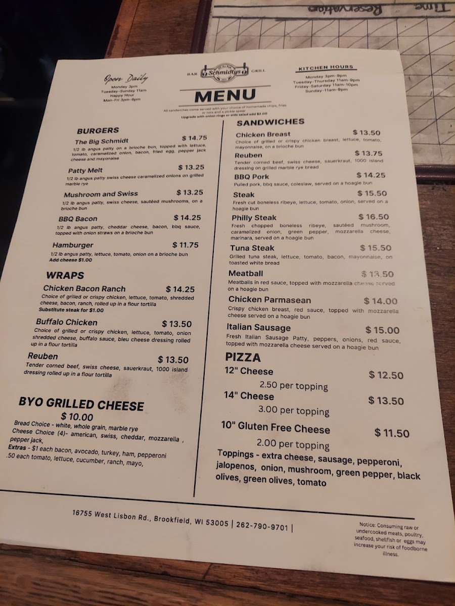 Schmidty's Bar and Grill menu board