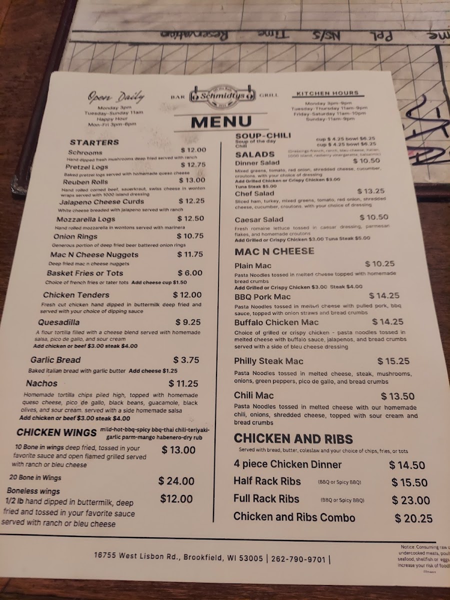 Schmidty's Bar and Grill menu board