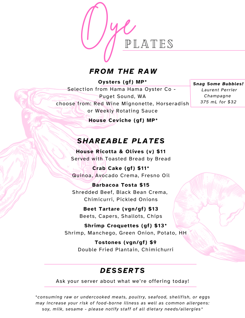 Oye Oysters and Small Plates menu board