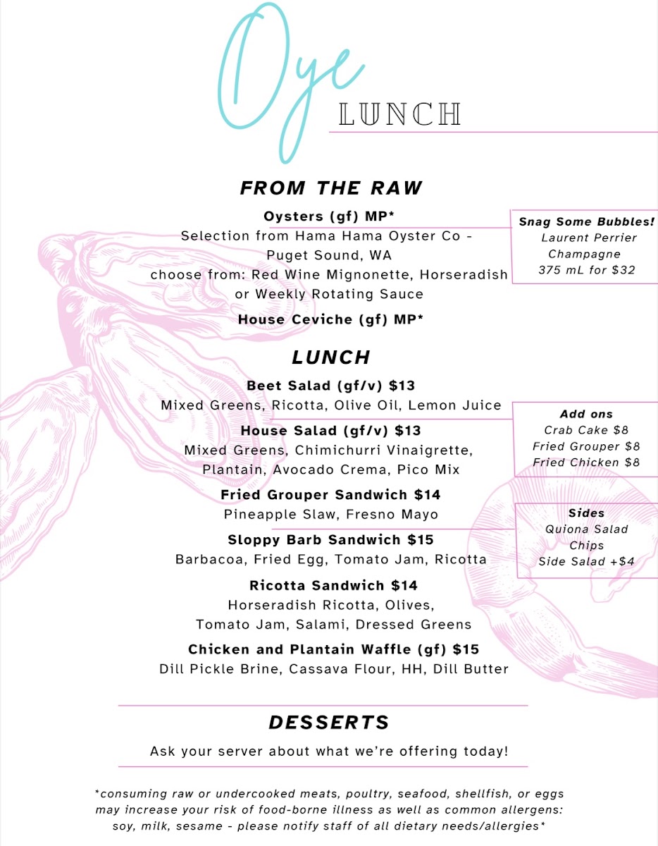 Oye Oysters and Small Plates menu board