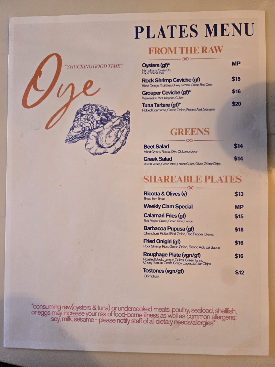 Oye Oysters and Small Plates menu board