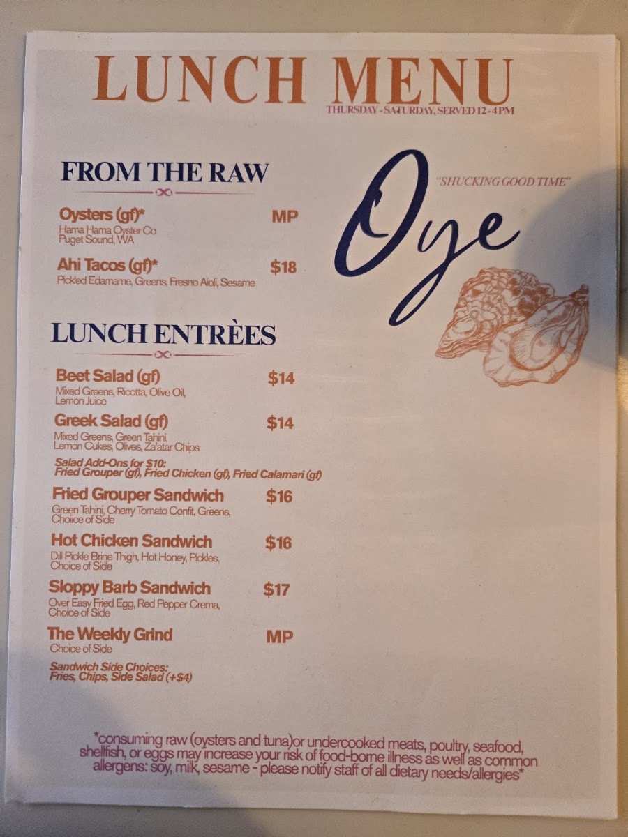 Oye Oysters and Small Plates menu board