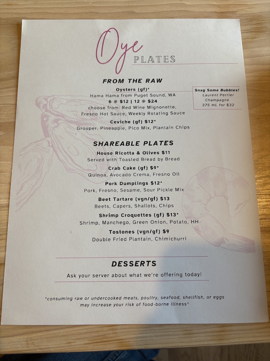 Oye Oysters and Small Plates menu board