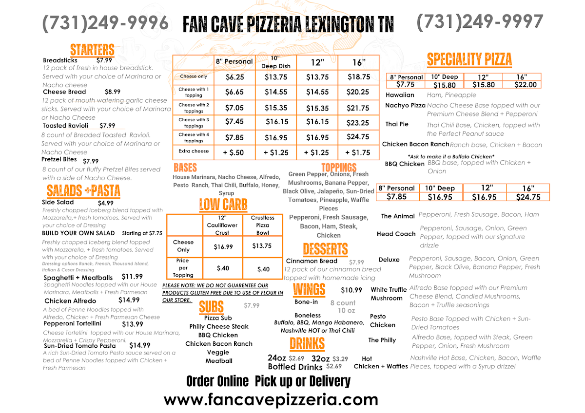 Fan Cave Pizzeria Lexington TN menu board