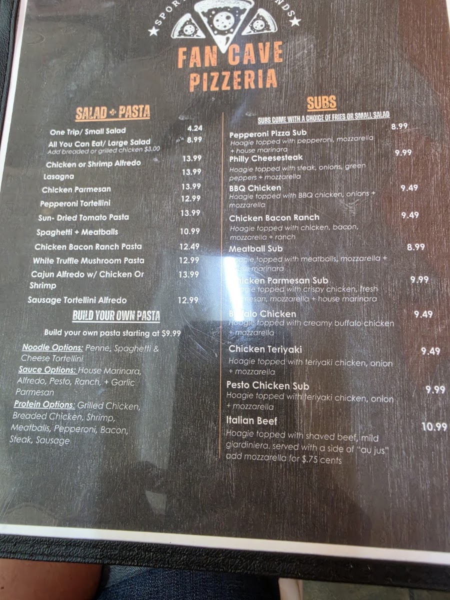 Fan Cave Pizzeria Lexington TN menu board
