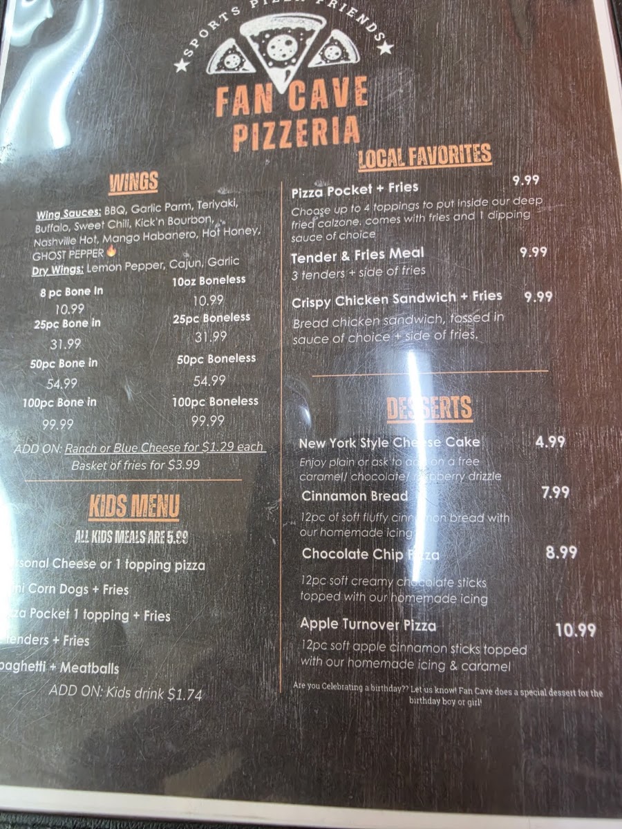 Fan Cave Pizzeria Lexington TN menu board