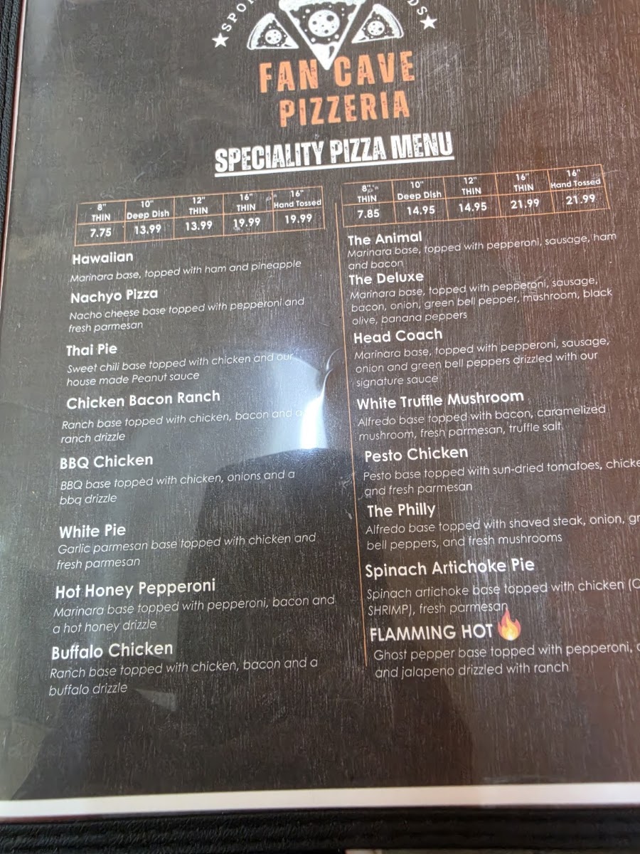 Fan Cave Pizzeria Lexington TN menu board