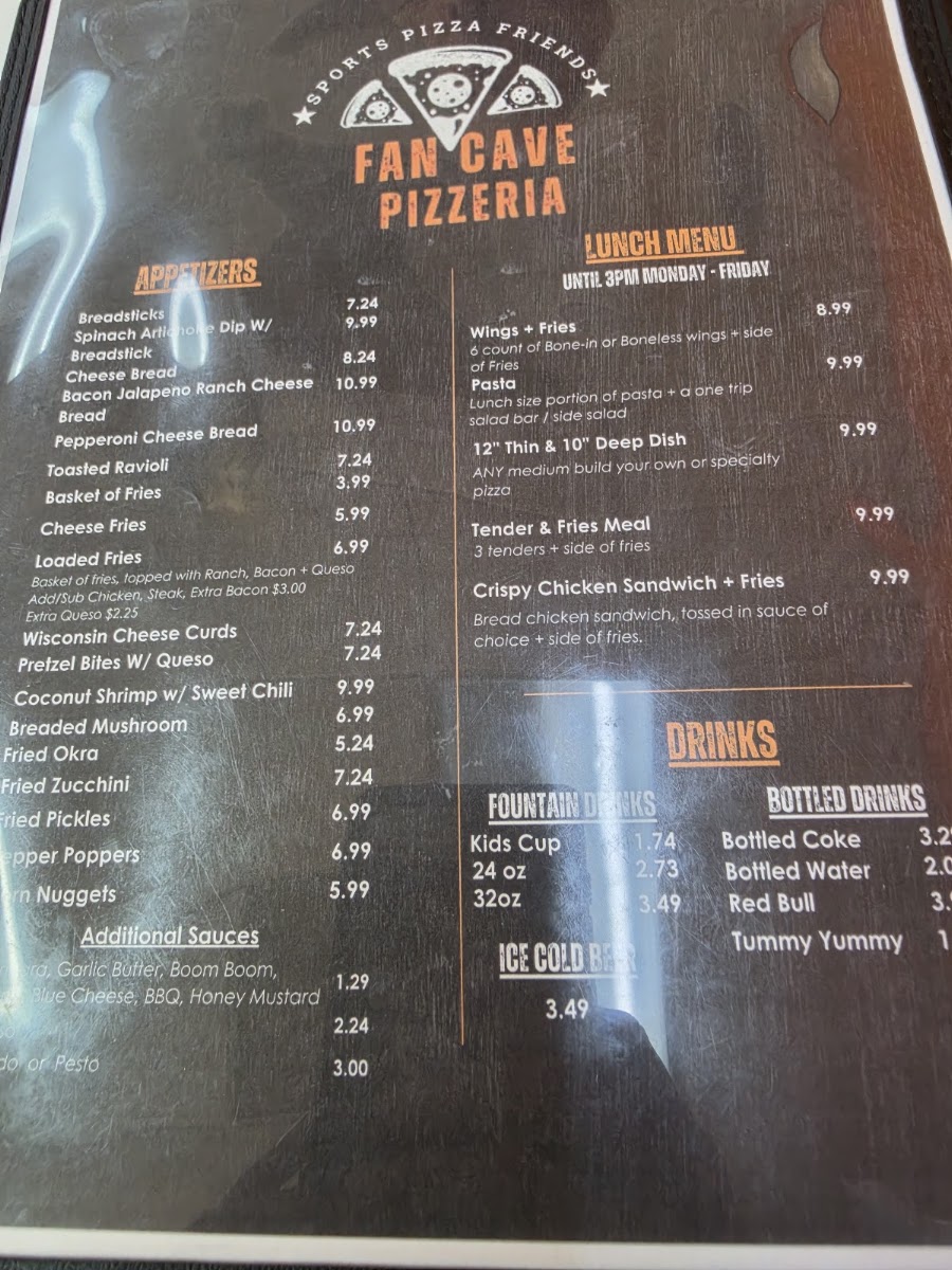 Fan Cave Pizzeria Lexington TN menu board
