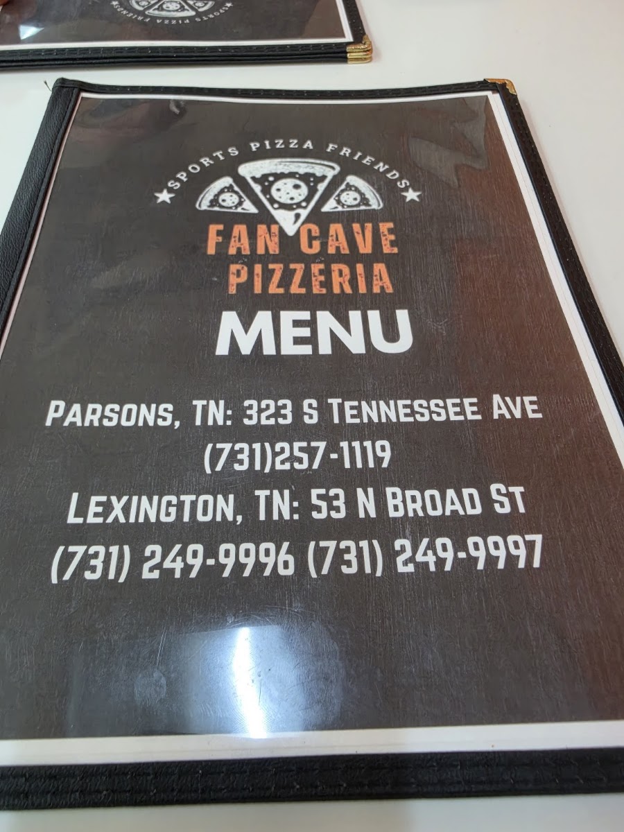 Fan Cave Pizzeria Lexington TN menu board