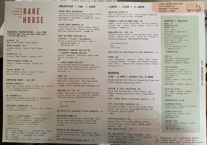 Little Spencer Coffee Co Bakehouse menu board