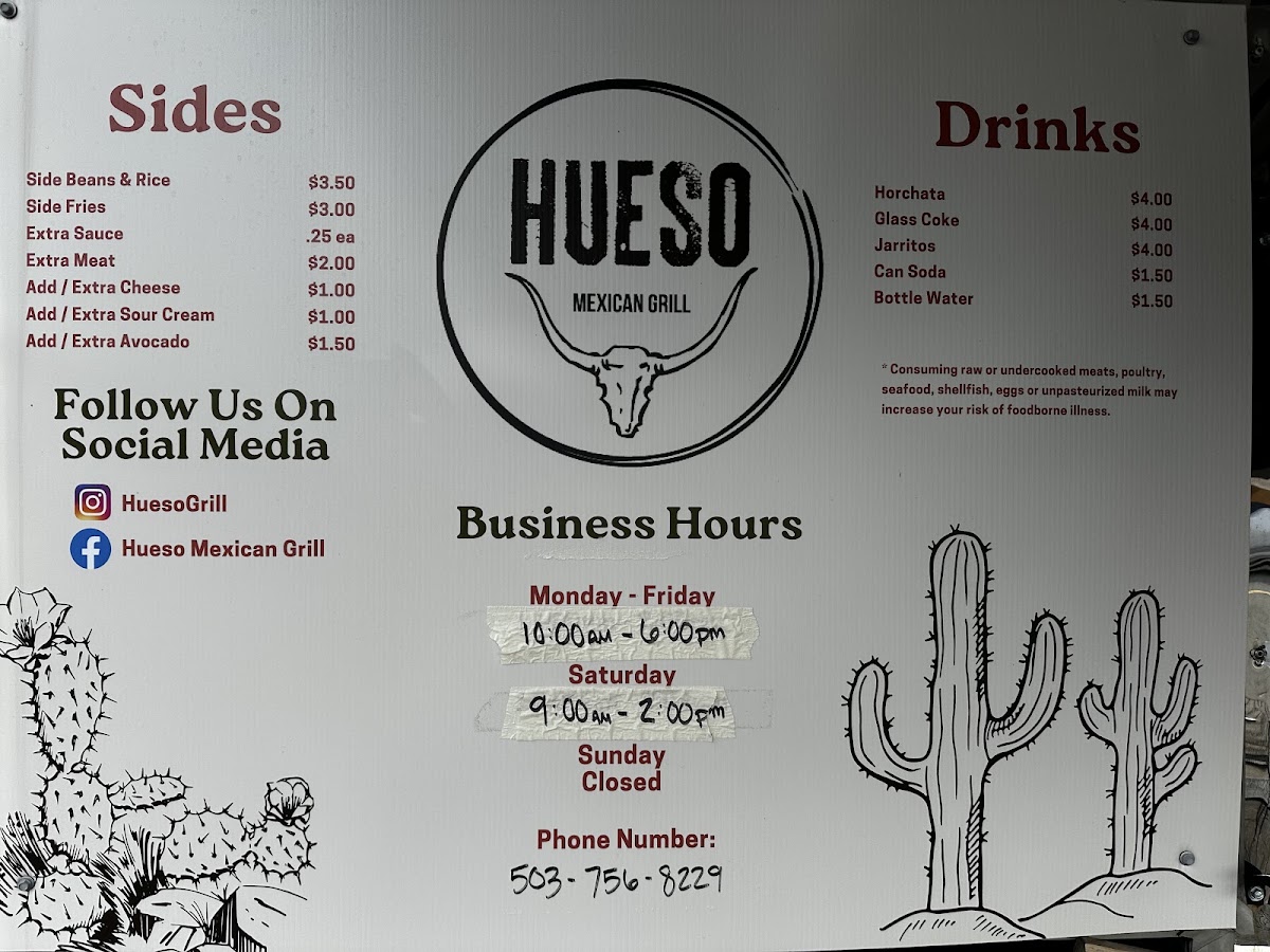Hueso Mexican Grill menu board