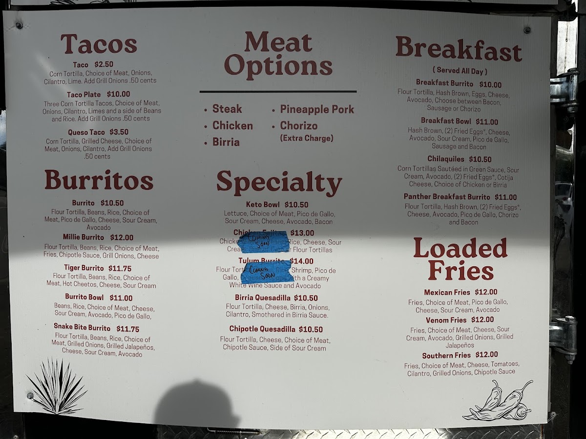 Hueso Mexican Grill menu board