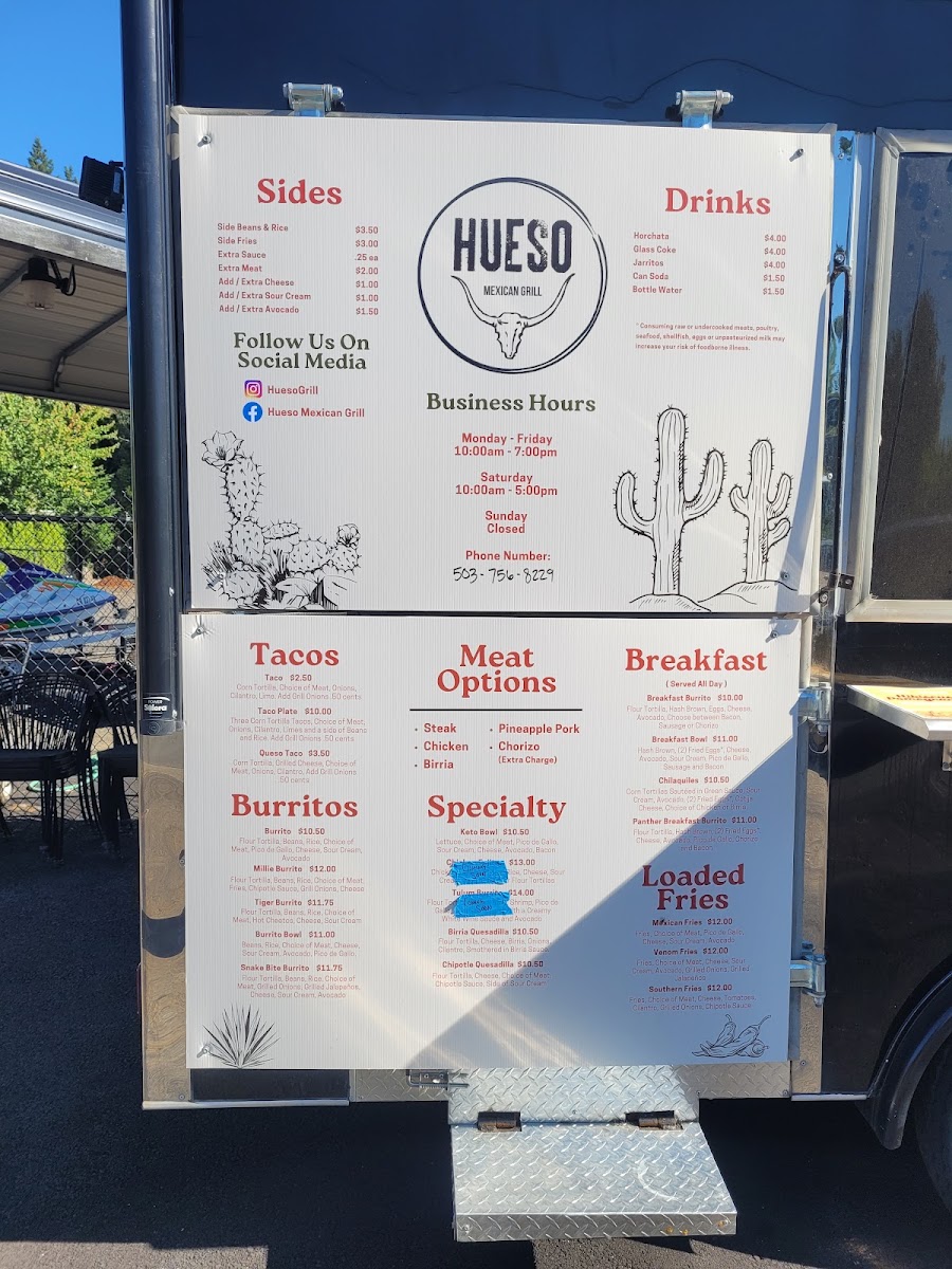Hueso Mexican Grill menu board