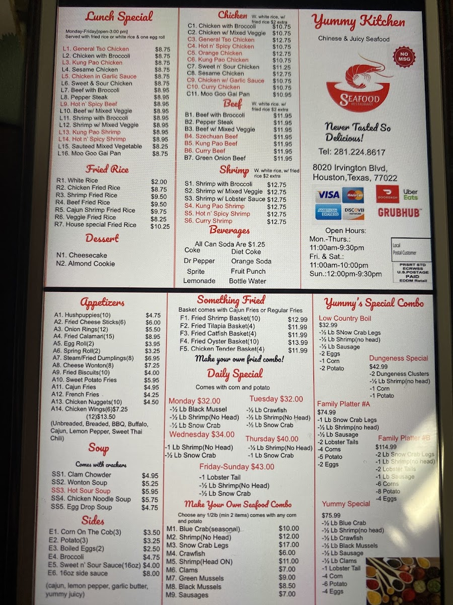 Yummy Kitchen Chinese and Juicy Seafood menu board