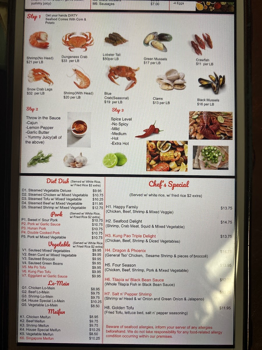 Yummy Kitchen Chinese and Juicy Seafood menu board