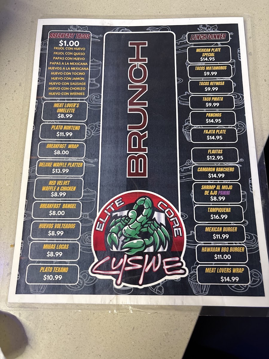 Elite Core Cuisine menu board