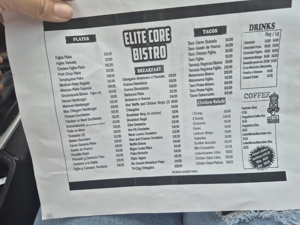Elite Core Cuisine menu board