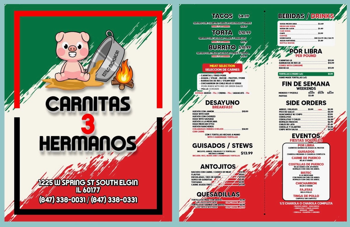 Carnitas 3 Hermanos menu board