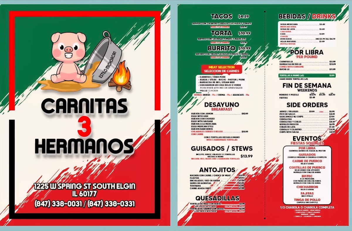 Carnitas 3 Hermanos menu board