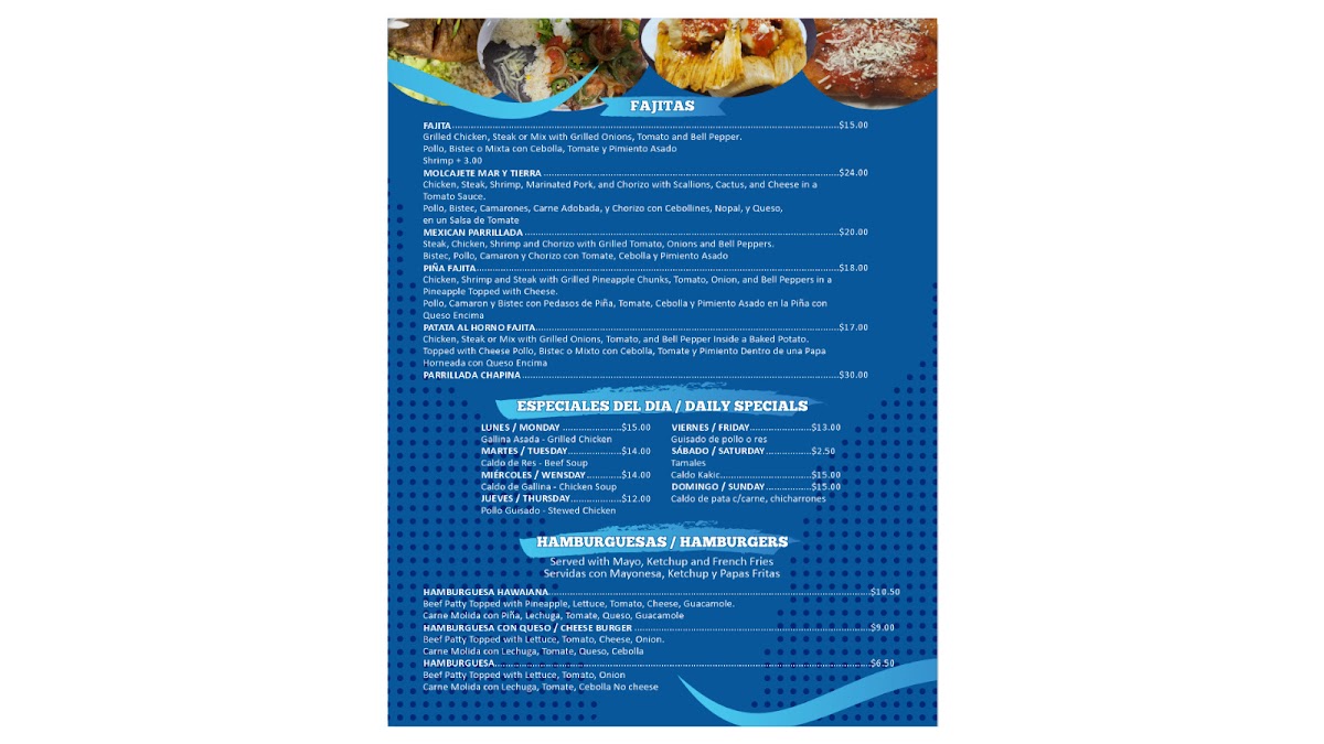 Antojitos Chapines Restaurant Inc menu board