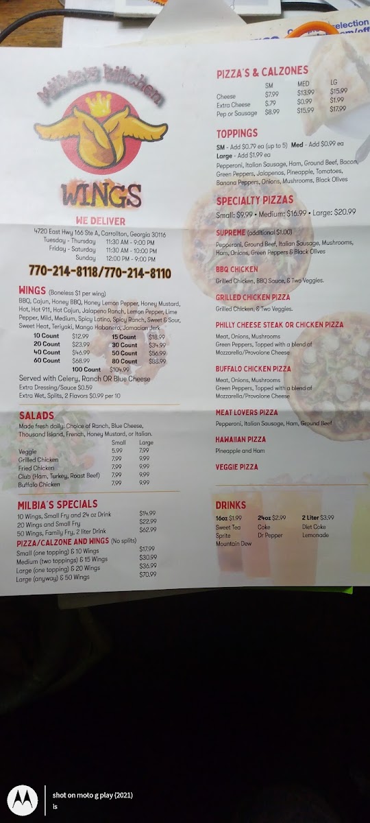 MILBIA’S KITCHEN menu board