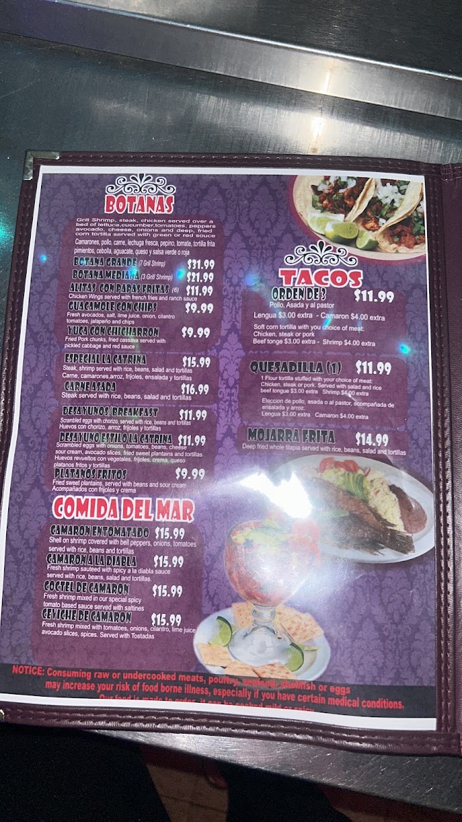 La Catrina Restaurant & Night Club menu board