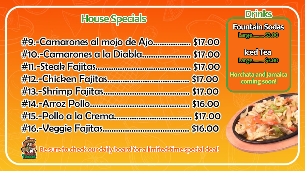 Chote's Tacos menu board