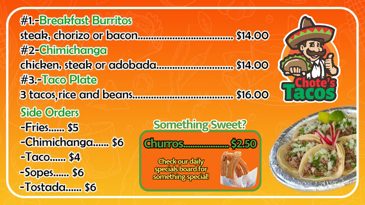 Chote's Tacos menu board