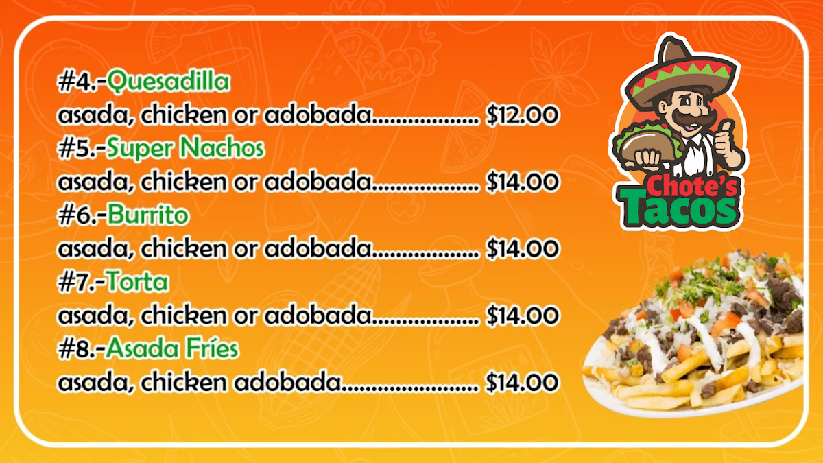 Chote's Tacos menu board