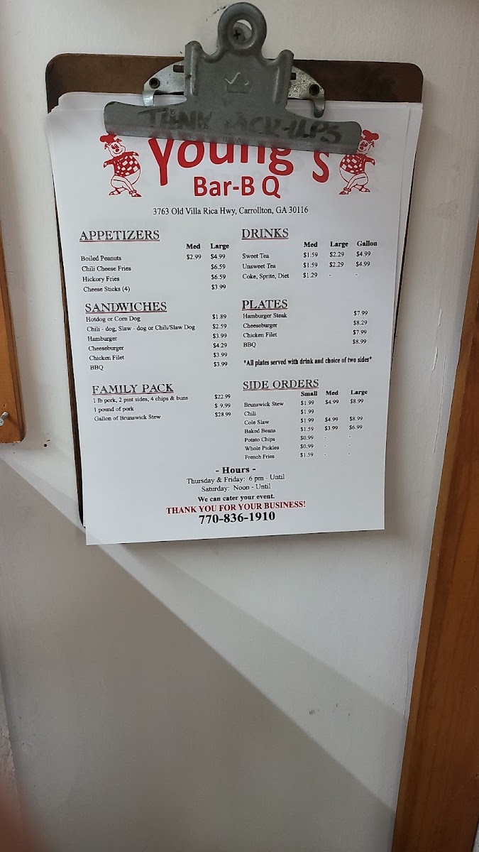 Young's Bbq menu board