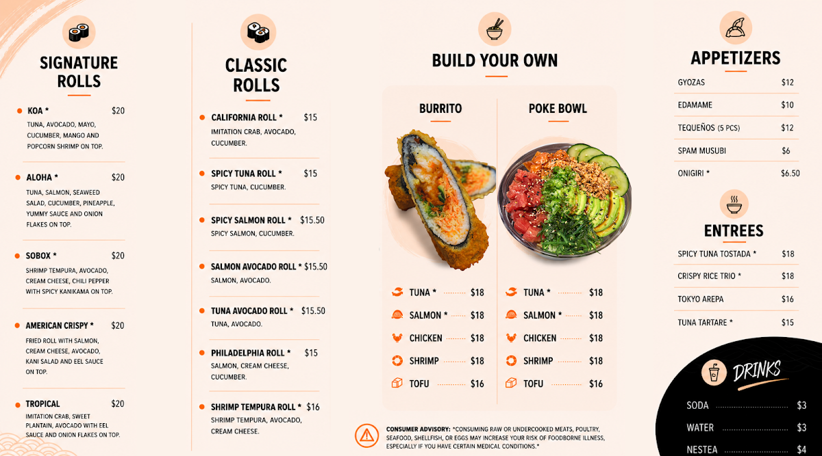 Koa Sushi & Poke College Park menu board