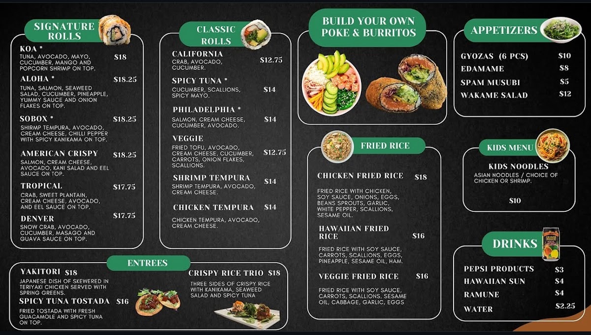 Koa Sushi & Poke College Park menu board