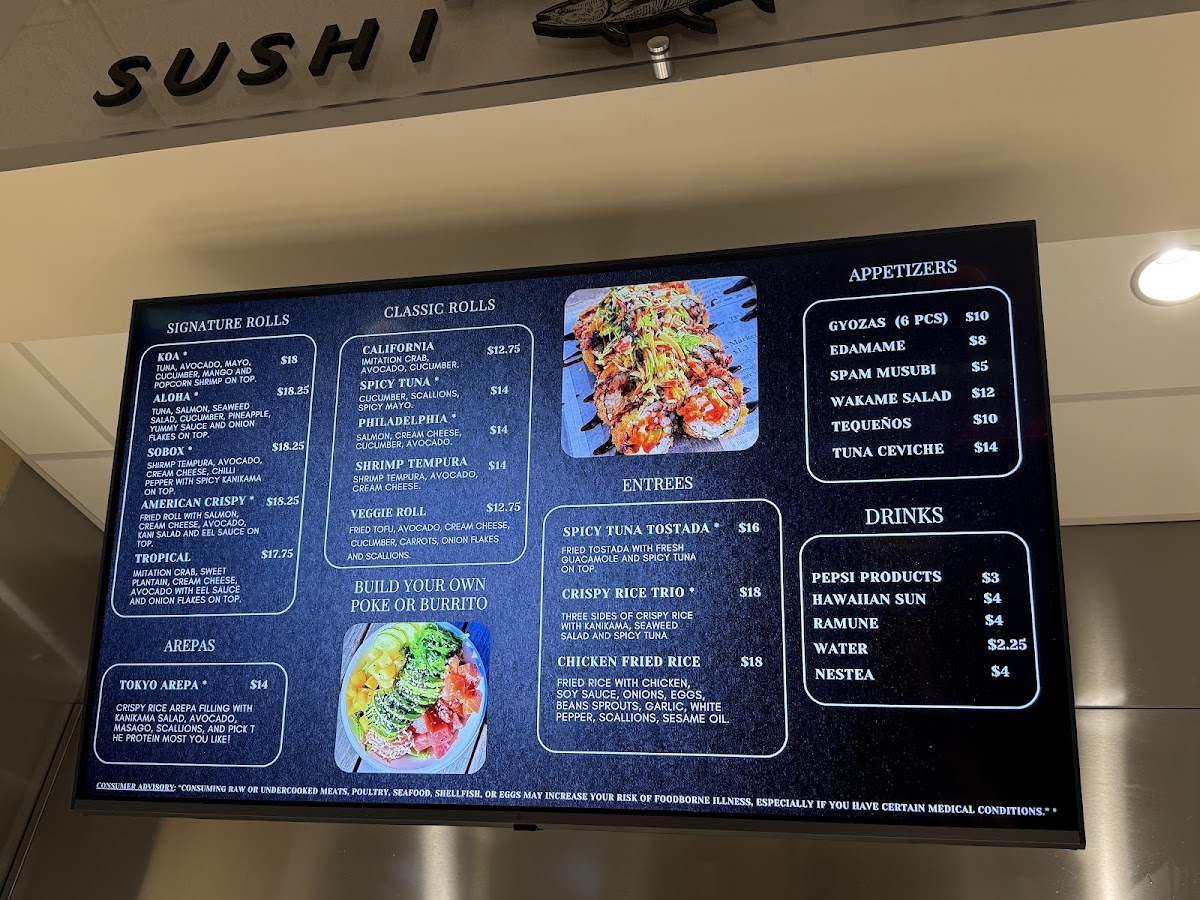 Koa Sushi & Poke College Park menu board