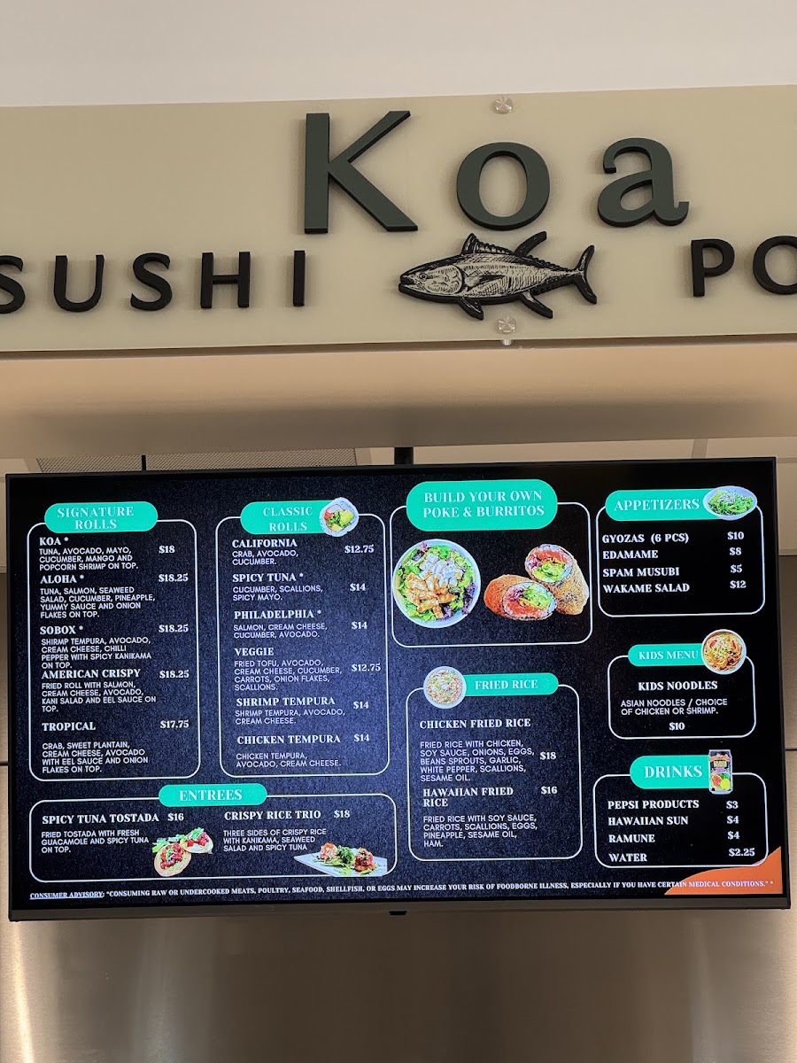 Koa Sushi & Poke College Park menu board