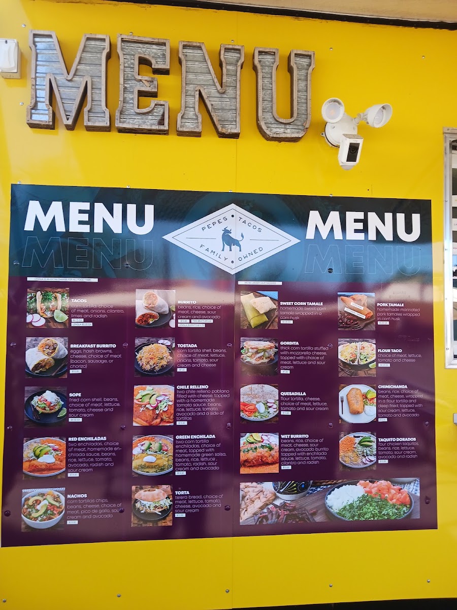 Pepe's Tacos menu board