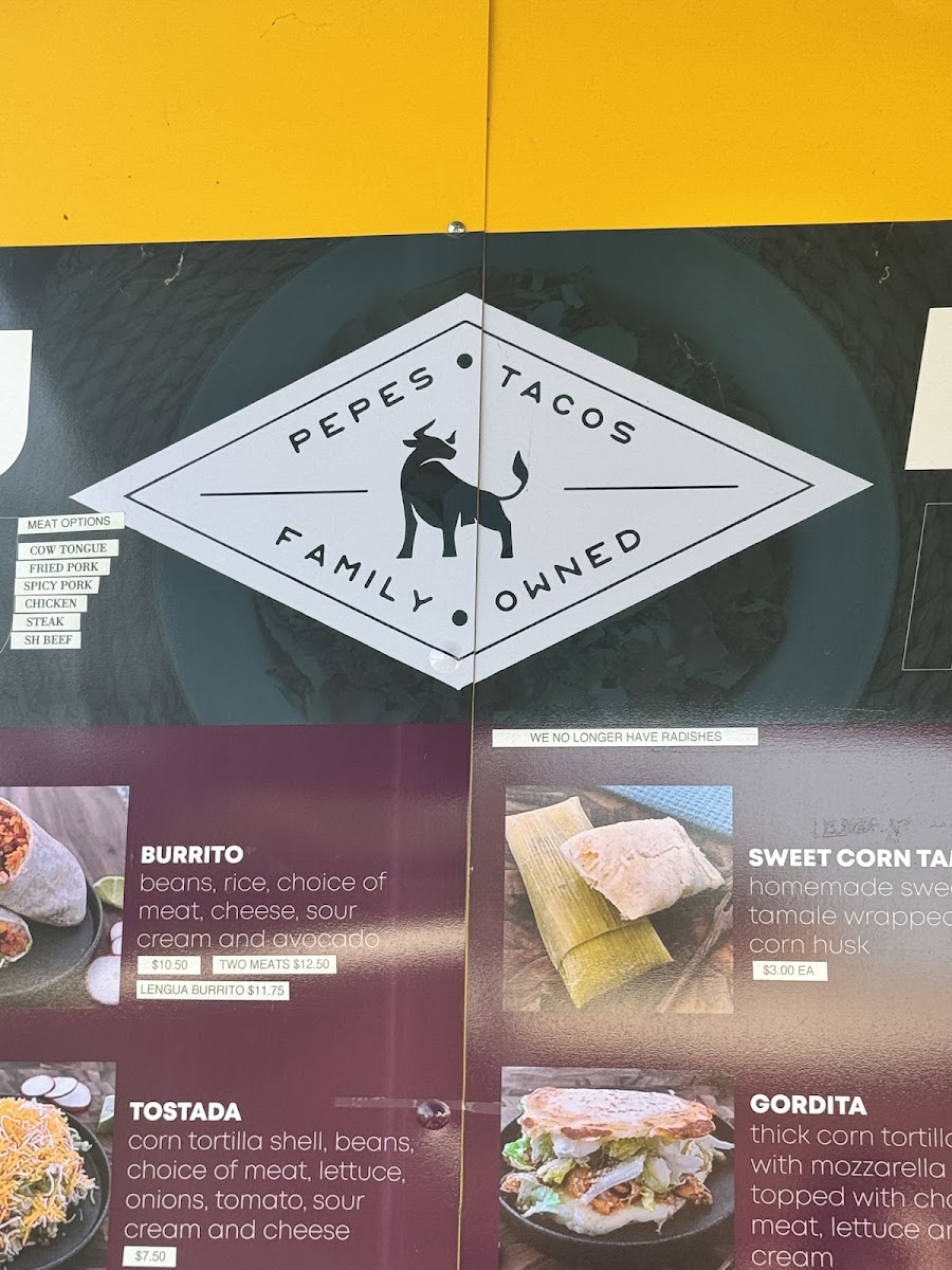 Pepe's Tacos menu board