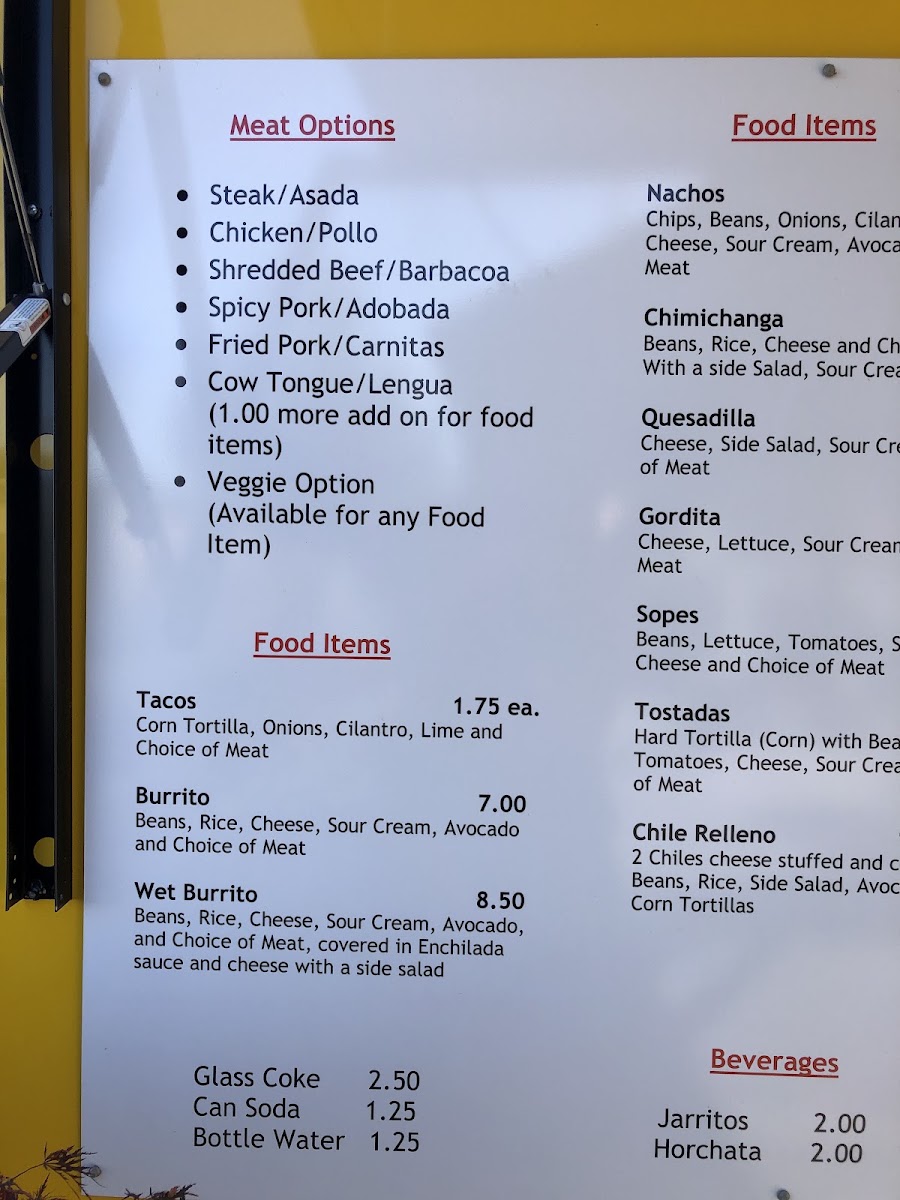 Pepe's Tacos menu board