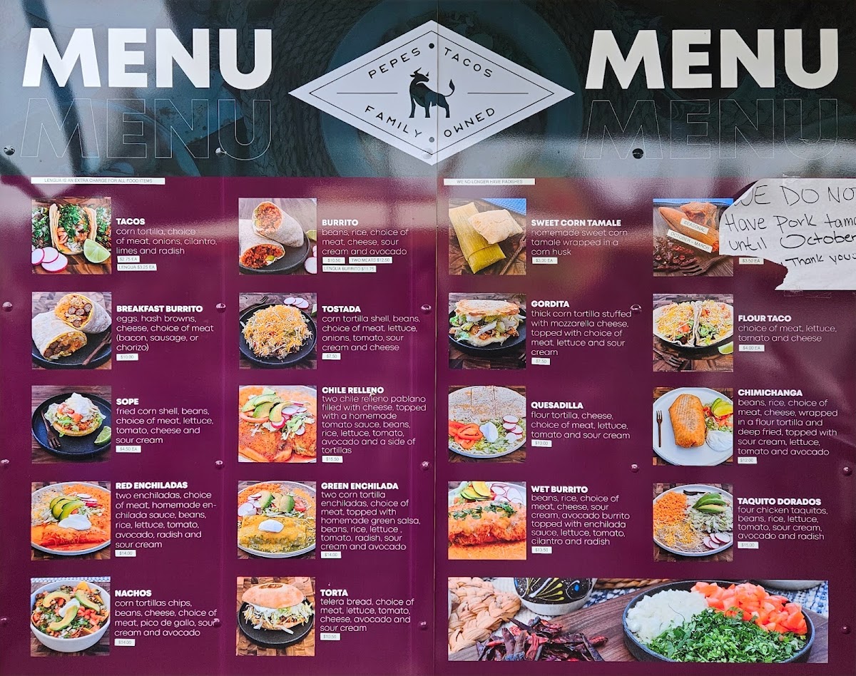 Pepe's Tacos menu board