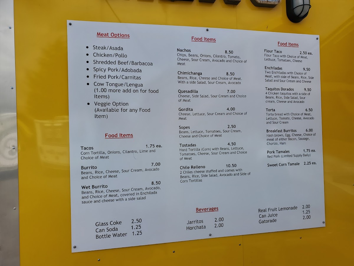 Pepe's Tacos menu board