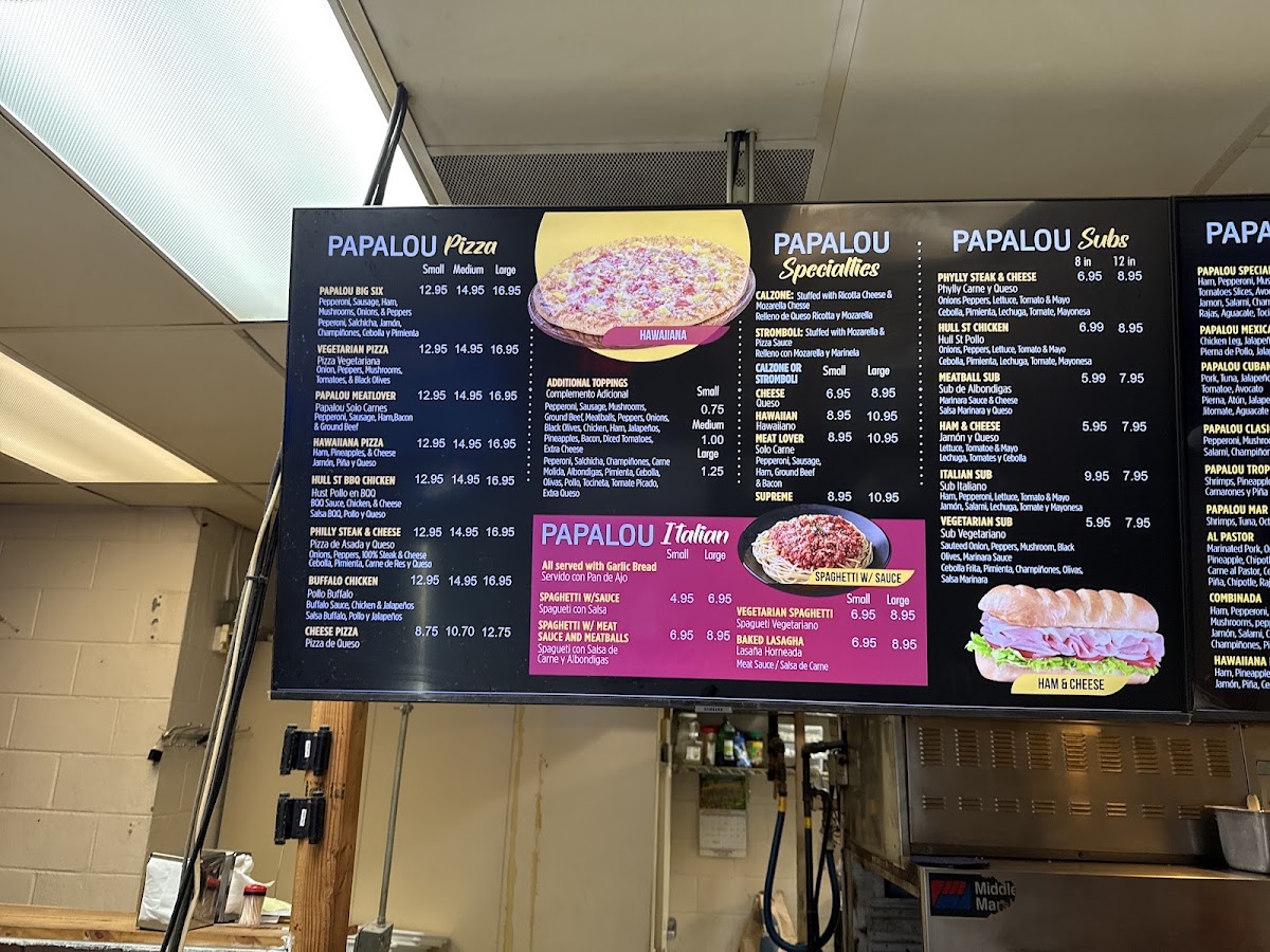 Papa Lou Pizza menu board